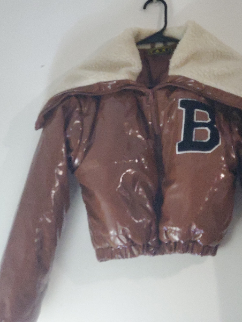 Cropped Brown Faux Leather Puffer Jacket with Cream Sherpa Collar
